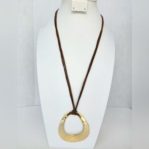 VINTAGE VCLM Goldtone Pendant Brown Leather Long Necklace